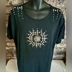 Vintage Focus Black Embellished T-Shirt Silver & Gold Color Metal Studs Size 2XL